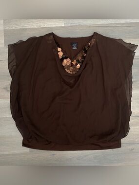 Vintage Y2K Pat Rego Chocolate Brown Sequin Drape Neck Sheer Blouse Slit Sleeve